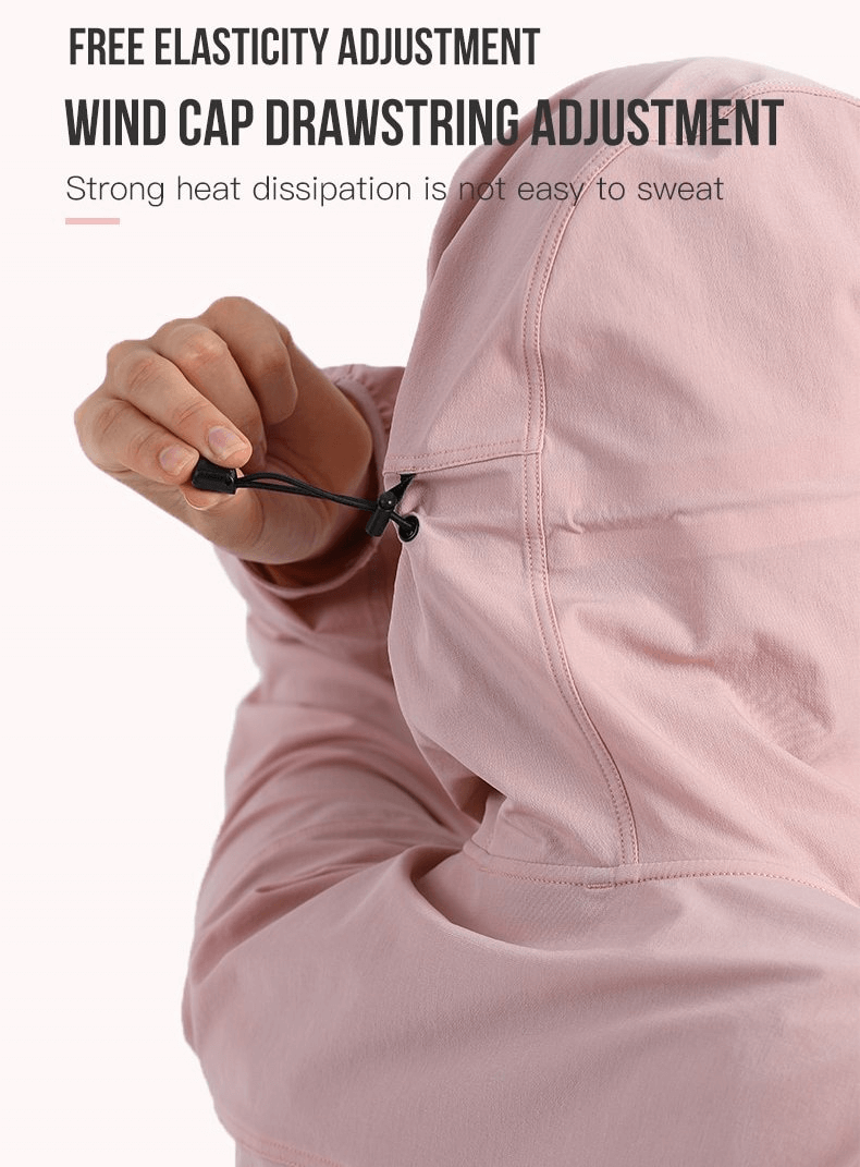 Adjustable hood on a pink waterproof sports jacket with drawstring for wind protection and comfort.